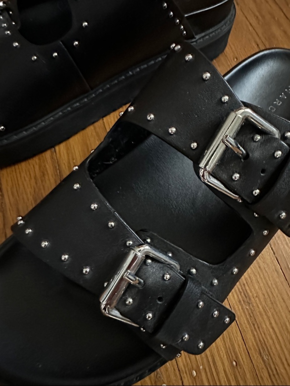 Marc Fisher Black Studded Double-Buckle Slide Sandals - Picture 3 of 7
